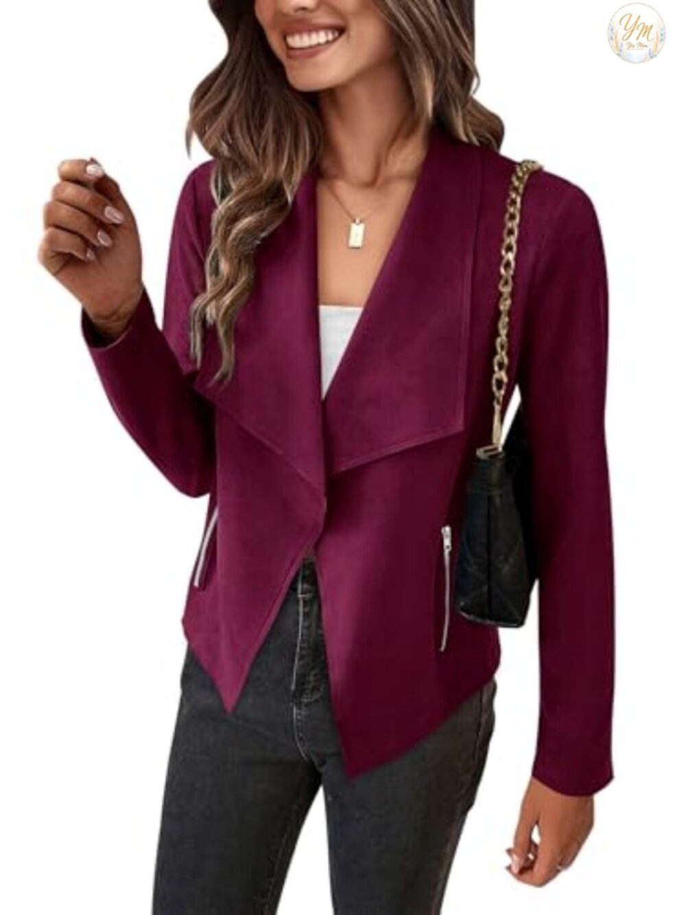 Faux Suede Cropped Jacket Waterfall Collar Open Front Women's Coat